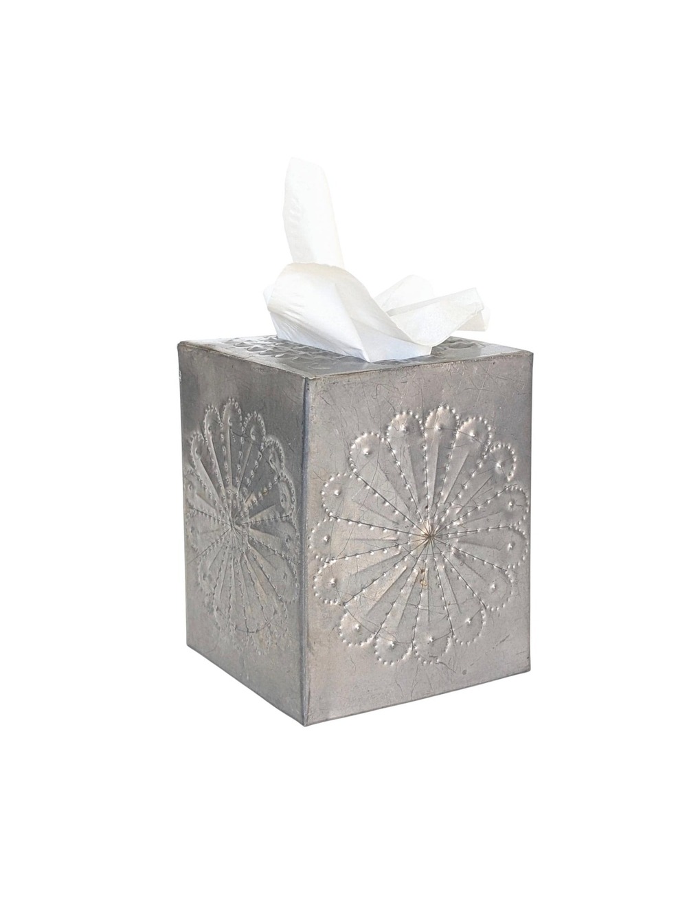 Vintage Mexican Tin Tissue Box Cover with Hand-Punched Design